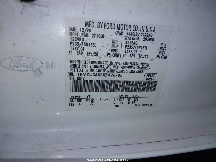 1999 Ford Explorer Xl/Xlt VIN: 1FMZU34X3XZA76785 Lot: 45109085