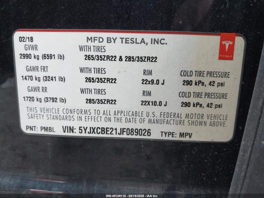 2018 Tesla Model X 100D/75D/P100D VIN: 5YJXCBE21JF089026 Lot: 45109118