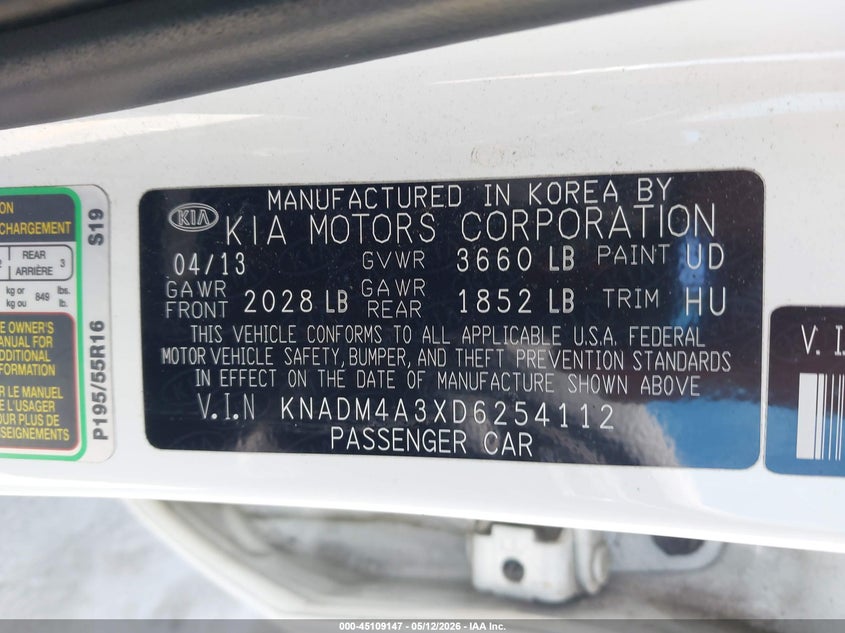 2013 Kia Rio Lx VIN: KNADM4A3XD6254112 Lot: 45109147