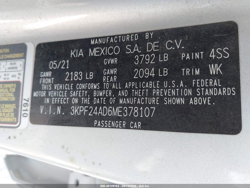 VIN 3KPF24AD6ME378107 2021 KIA FORTE LXS