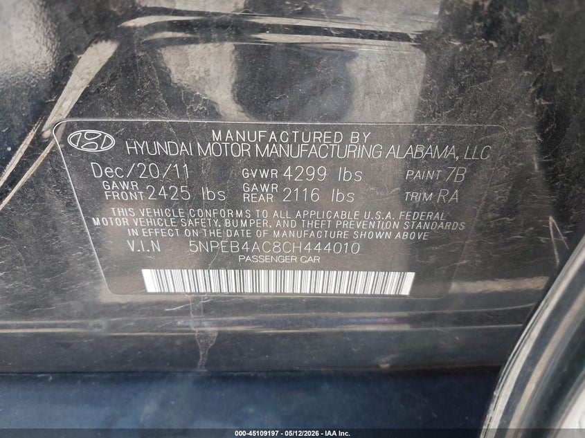 2012 Hyundai Sonata 2.4 Gls black Lot 111045109197 Vin 5NPEB4AC8CH444010