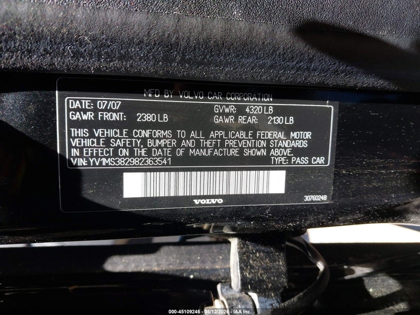 2008 Volvo S40 2.4I VIN: YV1MS382982363541 Lot: 45109246
