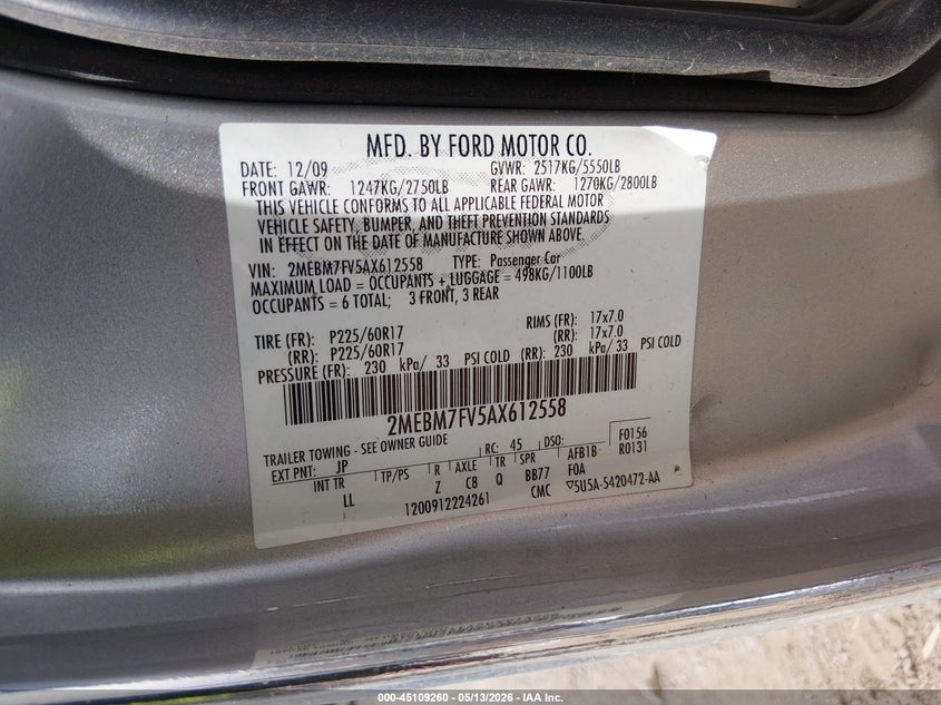 2010 Mercury Grand Marquis Ls (Fleet Only) VIN: 2MEBM7FV5AX612558 Lot: 45109260