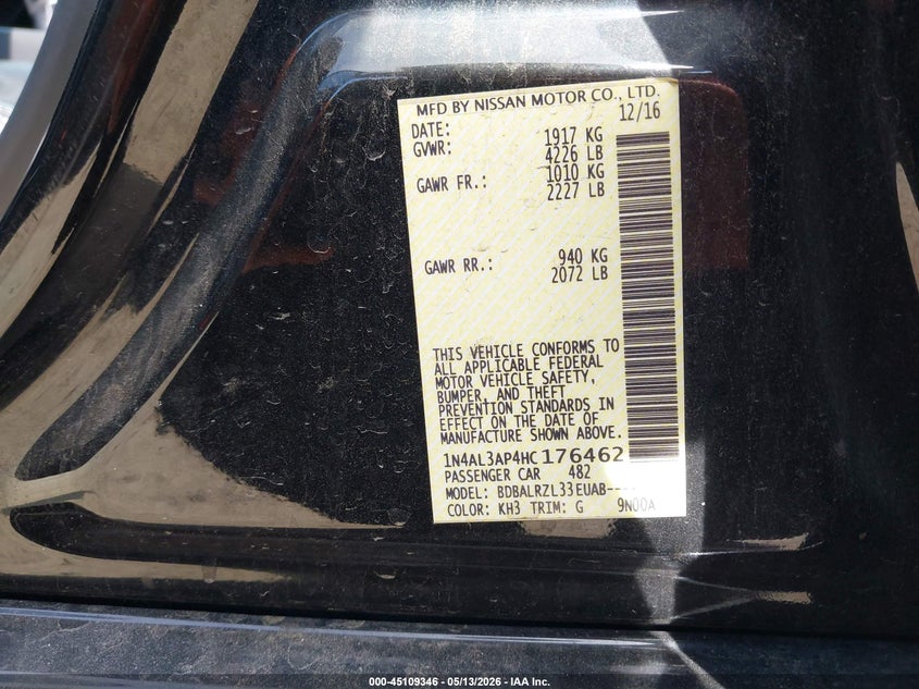 NISSAN ALTIMA 2017 VIN 1N4AL3AP4HC176462