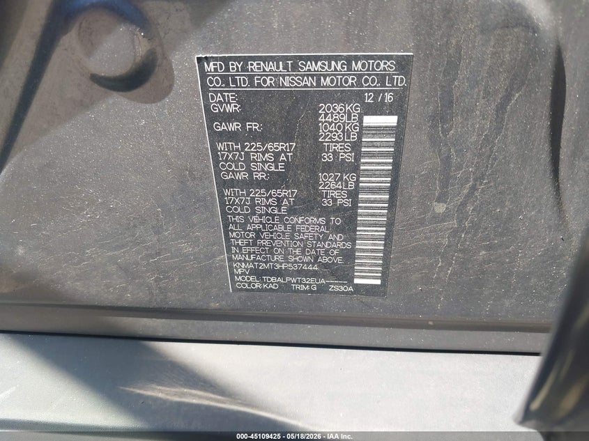 VIN KNMAT2MT3HP537444 2017 NISSAN ROGUE S