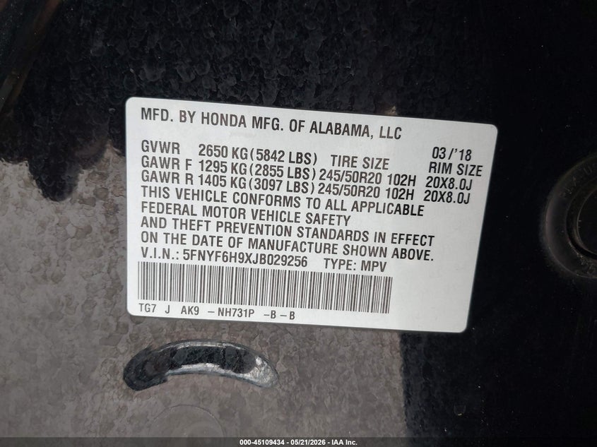 HONDA PILOT 2018 VIN 5FNYF6H9XJB029256