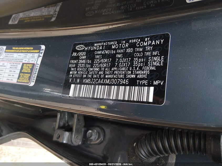 2021 HYUNDAI TUCSON 2.0L I-4 DI, DOHC, V(VIN: KM8J2CA4XMU307946