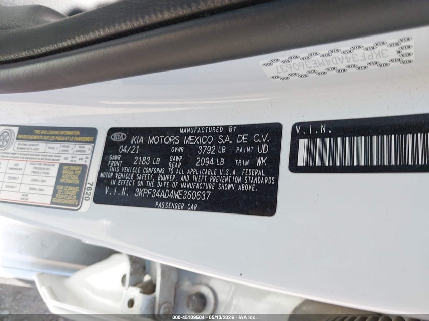 VIN 3KPF34AD4ME360637 2021 KIA FORTE GT-LINE