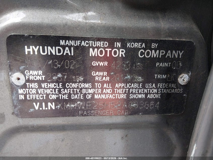 2002 Hyundai Sonata Gls VIN: KMHWF25H52A683664 Lot: 45109523