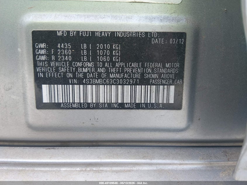 2012 Subaru LEGACY 2.5 2.5I Premium silver Lot 111045109546 Vin 4S3BMBC63C3032971