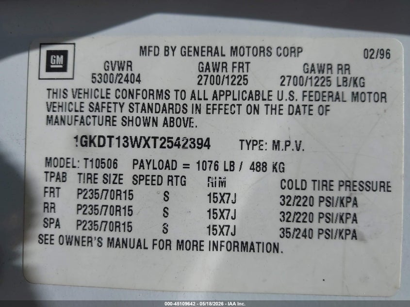 1996 GMC Jimmy VIN: 1GKDT13WXT2542394 Lot: 45109642