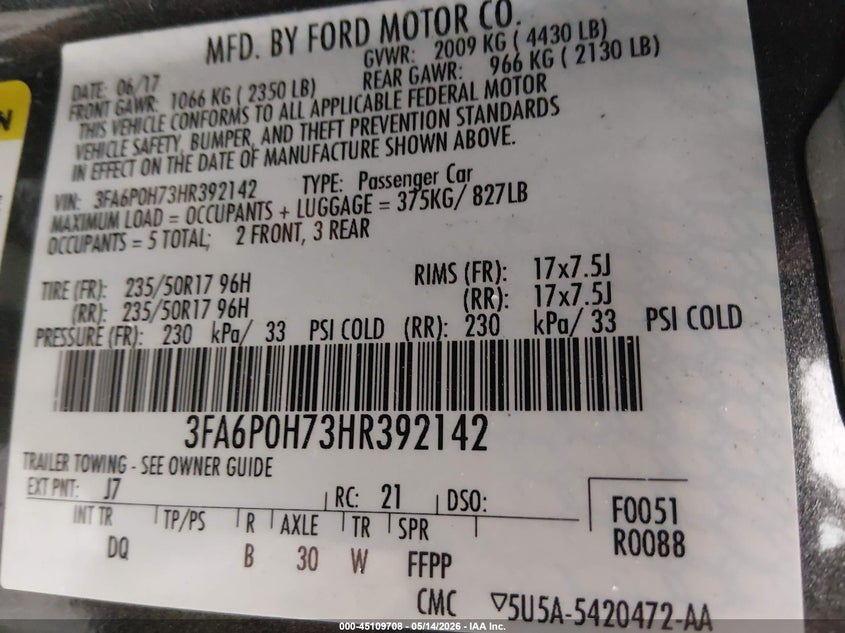 FORD FUSION 2017 VIN 3FA6P0H73HR392142
