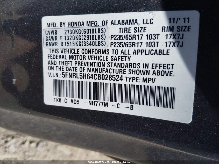 2012 Honda Odyssey 3.5 Ex-L Grey Lot 111045109774 Vin 5FNRL5H64CB028524
