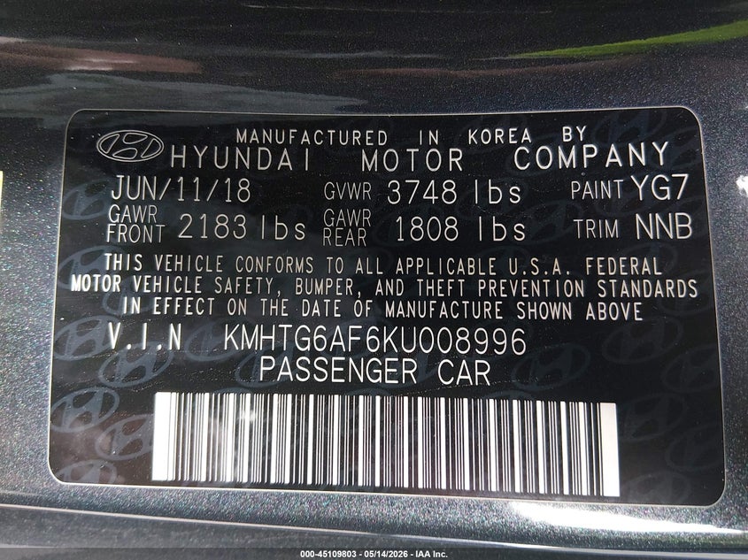 2019 Hyundai Veloster 2.0 VIN: KMHTG6AF6KU008996 Lot: 45109803