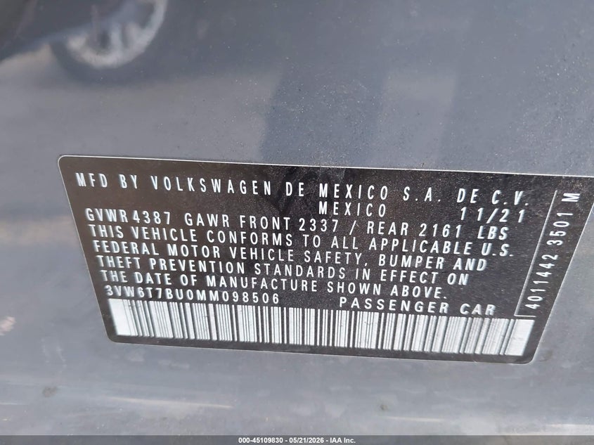 2021 VOLKSWAGEN JETTA 2.0L I-4 DI, DOHC, V(VIN: 3VW6T7BU0MM098506
