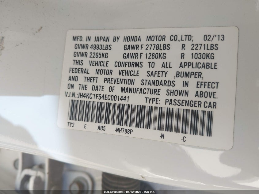 2014 Acura Rlx VIN: JH4KC1F54EC001441 Lot: 45109898