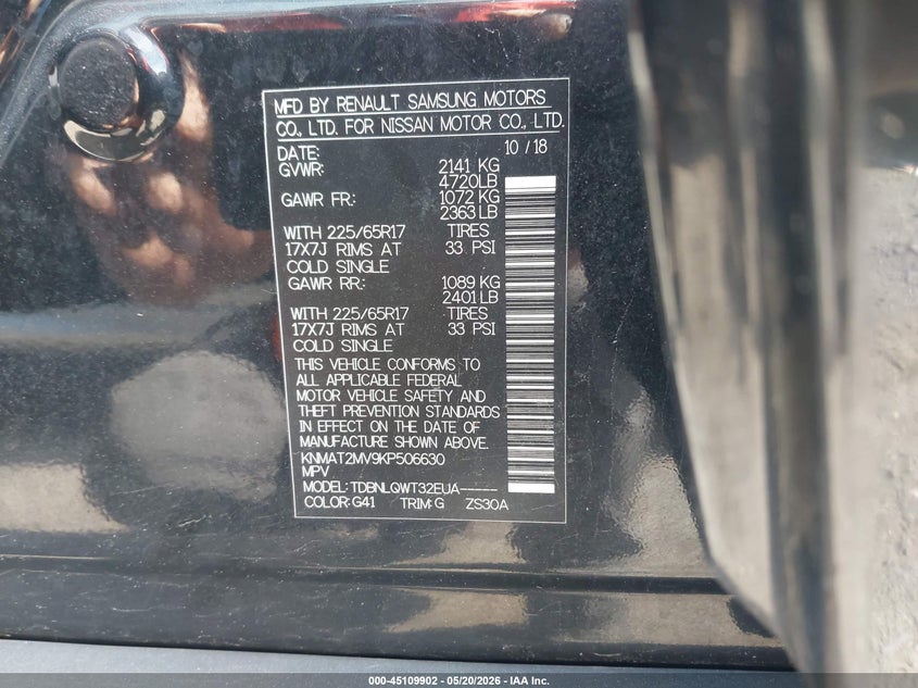 VIN KNMAT2MV9KP506630 2019 NISSAN ROGUE SV
