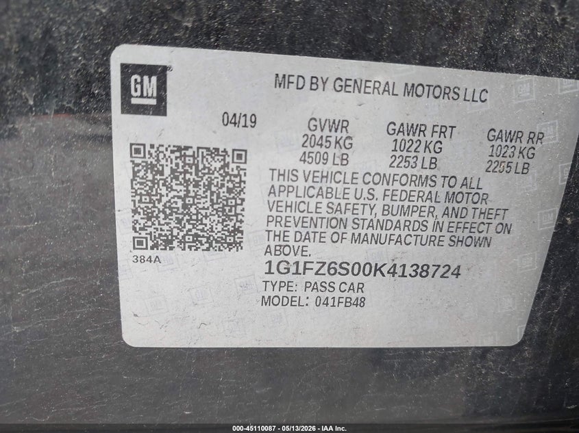 2019 Chevrolet Bolt Ev Premier VIN: 1G1FZ6S00K4138724 Lot: 45110087
