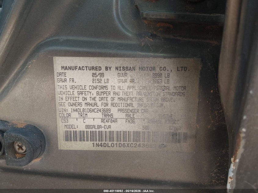 1999 Nissan Altima Gle/Gxe/Se/Se-L/Xe VIN: 1N4DL01D6XC243689 Lot: 45110092