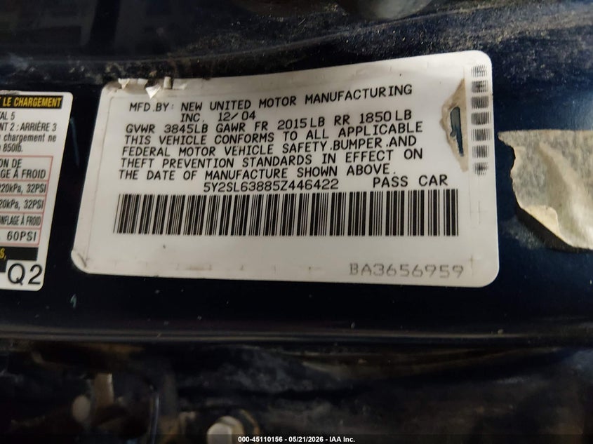 2005 Pontiac Vibe VIN: 5Y2SL63885Z446422 Lot: 45110156