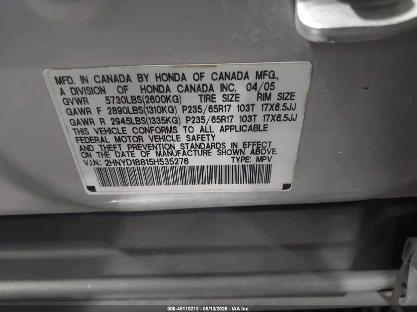 2005 Acura Mdx VIN: 2HNYD18815H535276 Lot: 45110213