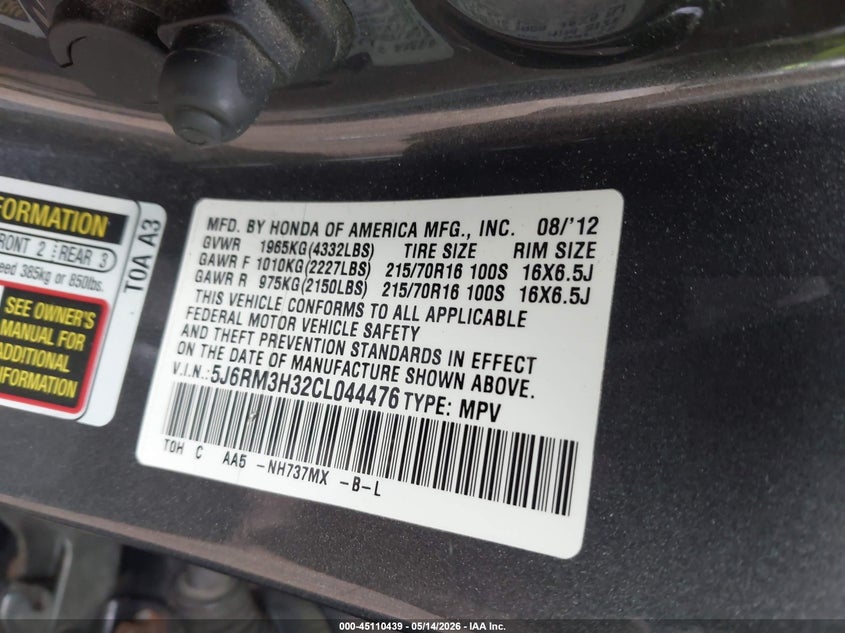 2012 Honda Cr-v 2.4 Lx Grey Lot 111045110439 Vin 5J6RM3H32CL044476