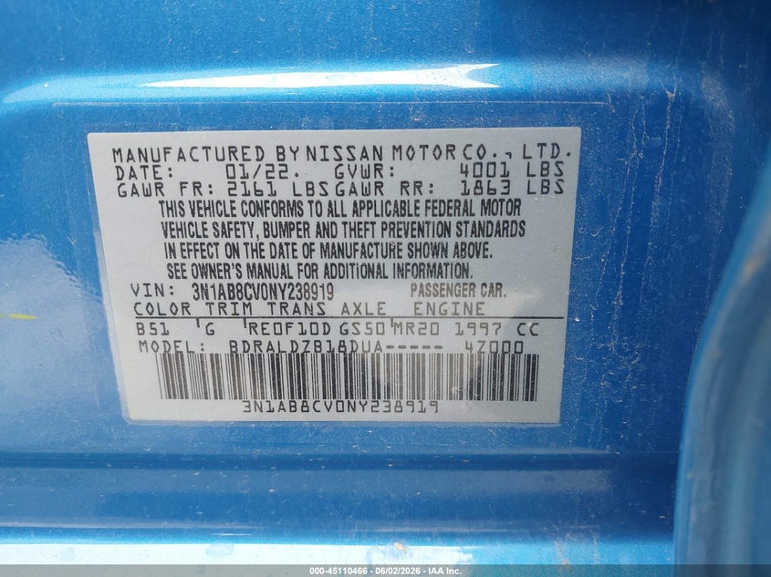 VIN 3N1AB8CV0NY238919 2022 NISSAN SENTRA SV XTRONIC CVT