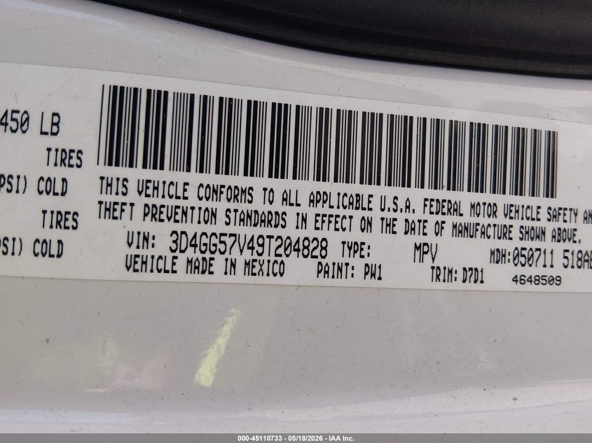 2009 Dodge Journey 3.5 Sxt white Lot 111045110733 Vin 3D4GG57V49T204828