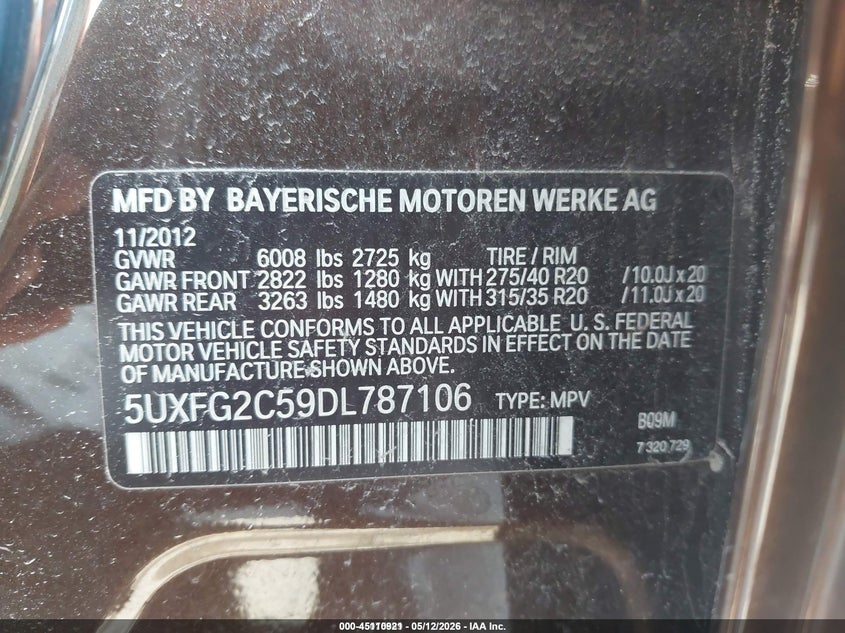 2013 BMW X6 xDrive35I VIN: 5UXFG2C59DL787106 Lot: 45110921