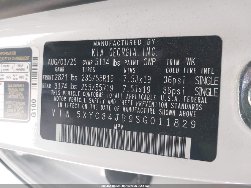 2025 Kia Ev6 Light Rwd VIN: 5XYC34JB9SG011829 Lot: 45110959