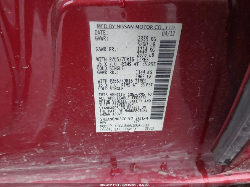 2012 Nissan Xterra S VIN: 5N1AN0NU2CC515064 Lot: 45111131