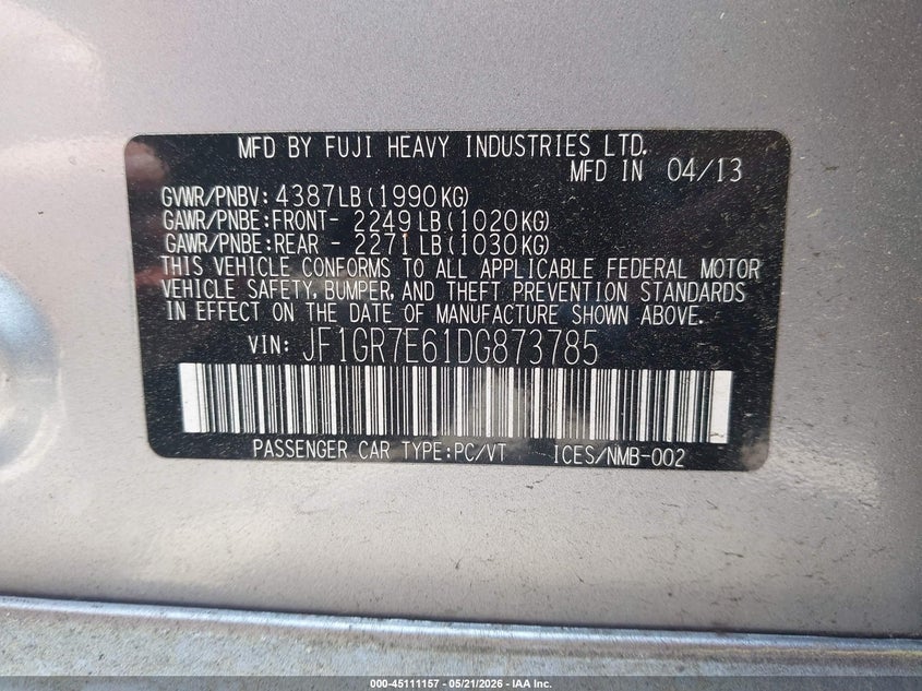 2013 Subaru Impreza Wrx VIN: JF1GR7E61DG873785 Lot: 45111157