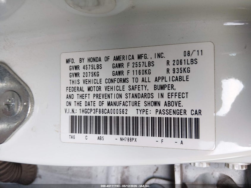 2012 Honda Accord 3.5 3.5 Ex-L white Lot 111045111193 Vin 1HGCP3F88CA000562