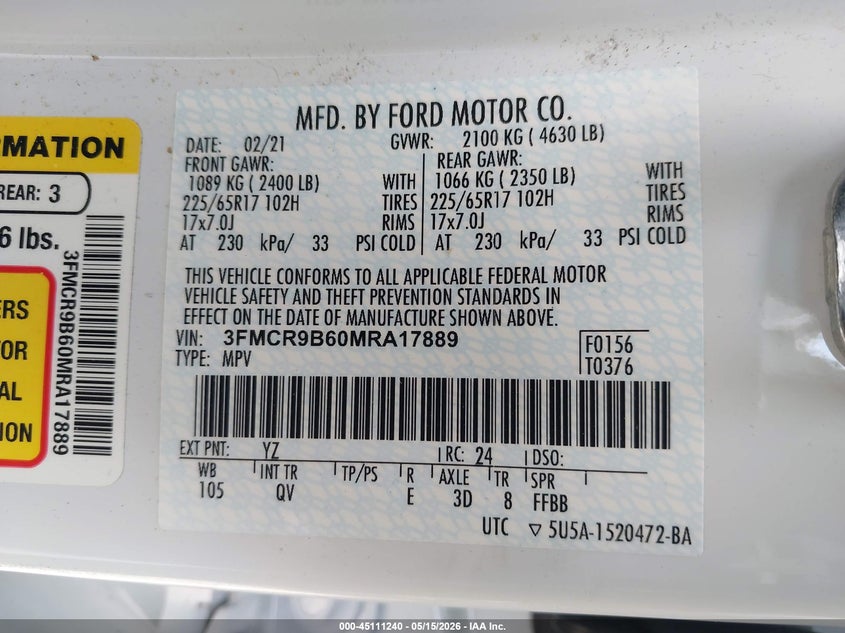 2021 Ford Bronco Sport Big Bend VIN: 3FMCR9B60MRA17889 Lot: 45111240