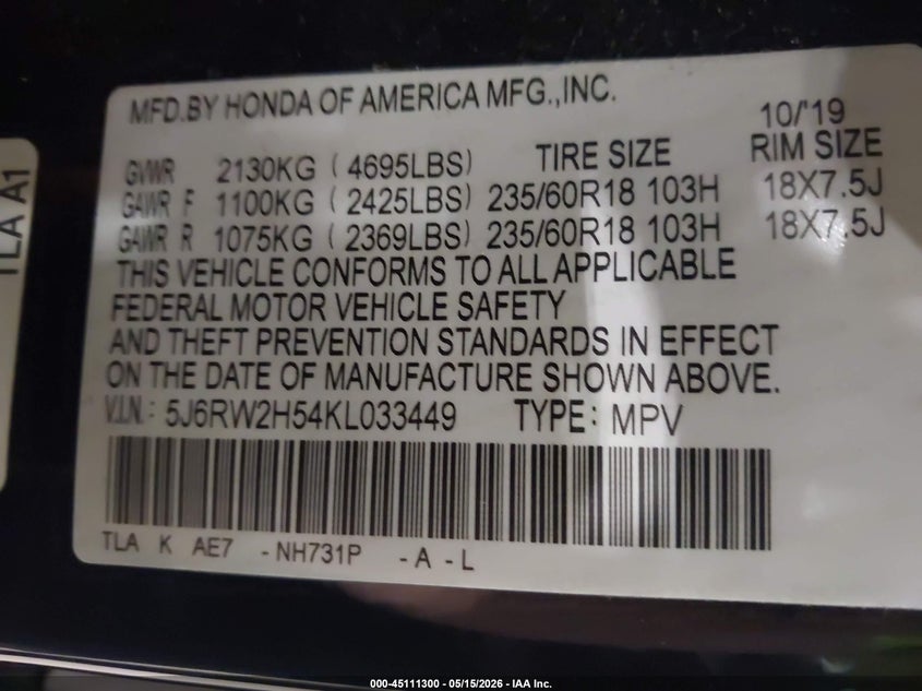 VIN 5J6RW2H54KL033449 2019 HONDA CR-V EX