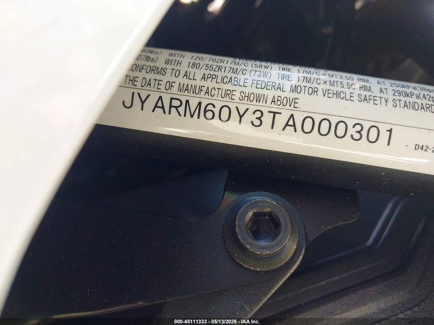 2026 Yamaha Yzfr7 VIN: JYARM60Y3TA000301 Lot: 45111333