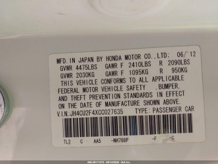 2012 Acura Tsx 2.4 VIN: JH4CU2F4XCC027635 Lot: 45111375