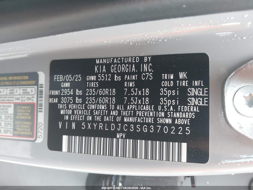 2025 KIA SORENTO 2.5L I-4 DI, DOHC, V(VIN: 5XYRLDJC3SG370225
