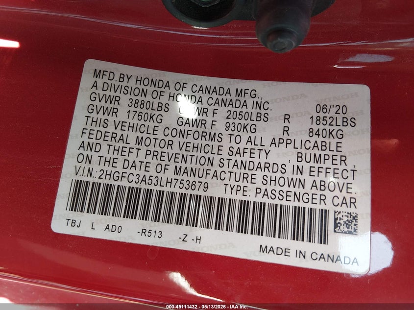 VIN 2HGFC3A53LH753679 2020 HONDA CIVIC SI COUPE