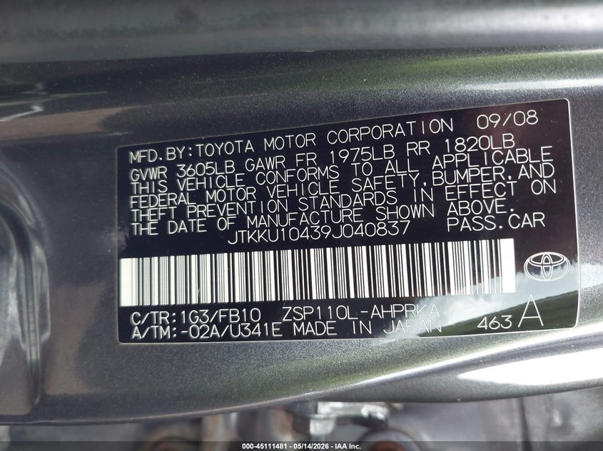 2009 Scion Xd VIN: JTKKU10439J040837 Lot: 45111481