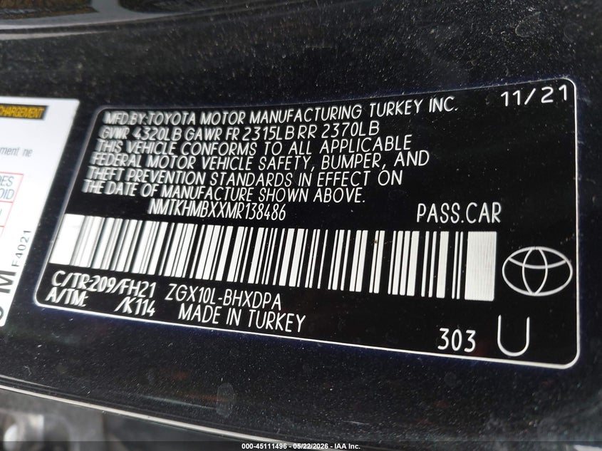2021 Toyota C-Hr Le VIN: NMTKHMBXXMR138486 Lot: 45111496