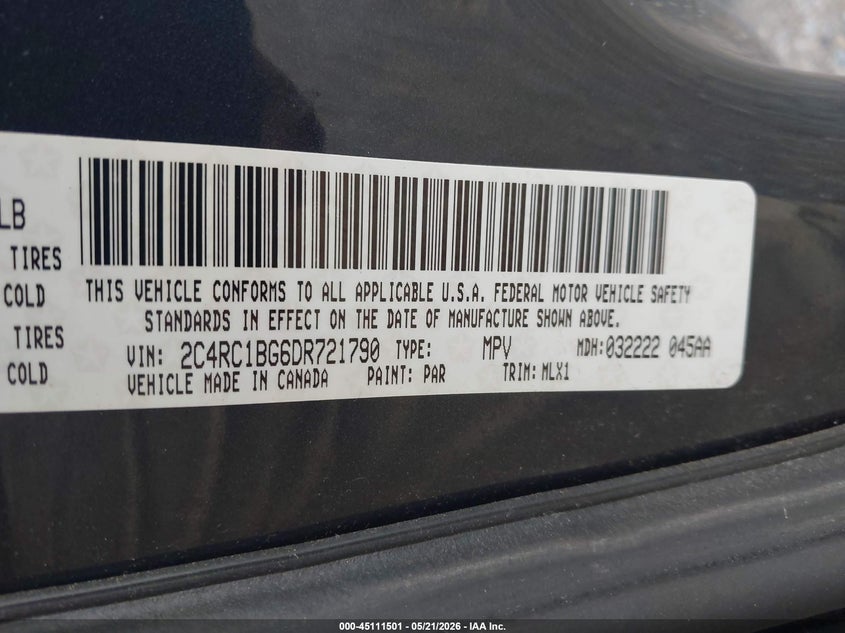 2013 Chrysler Town & Country Touring VIN: 2C4RC1BG6DR721790 Lot: 45111501