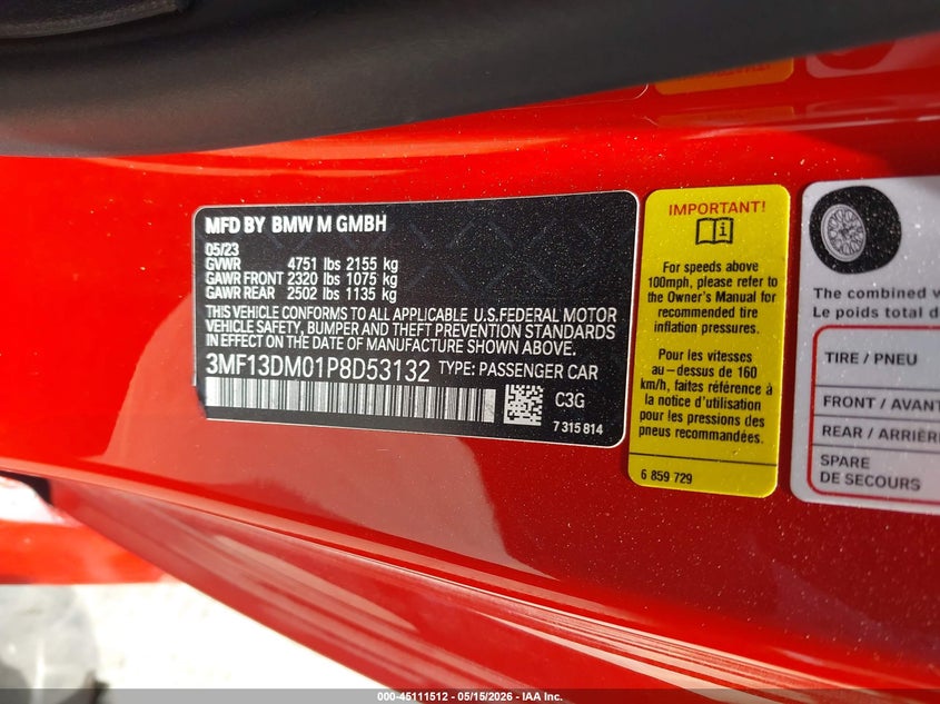 2023 BMW M2 VIN: 3MF13DM01P8D53132 Lot: 45111512