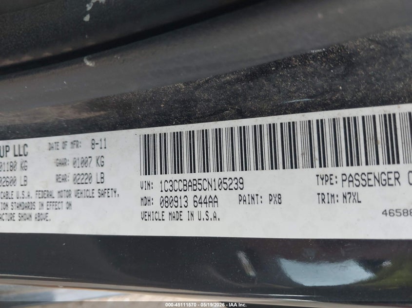 2012 CHRYSLER 200 SEDAN 2.4L I-4 DOHC, VVT, 173HP