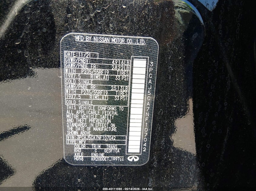 2022 Infiniti Qx50 Essential VIN: 3PCAJ5CA7NF107042 Lot: 45111598