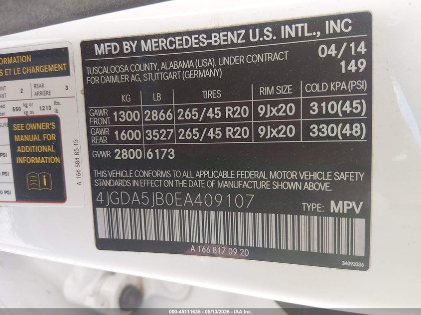 2014 Mercedes-Benz Ml 350 VIN: 4JGDA5JB0EA409107 Lot: 45111635