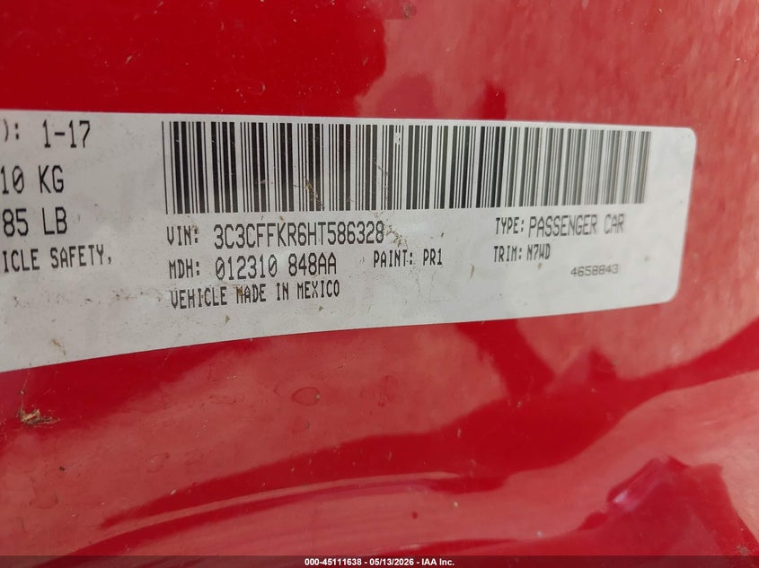 2017 Fiat 500 Pop VIN: 3C3CFFKR6HT586328 Lot: 45111638