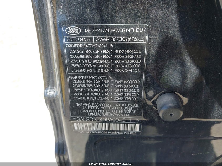 2006 Land Rover Range Rover Sport Hse VIN: SALSD25496A904011 Lot: 45111774
