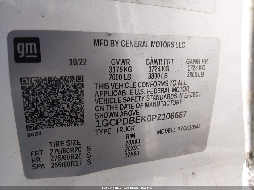 VIN 1GCPDBEK0PZ106687 2023 CHEVROLET SILVERADO 1500 4WD  SHORT BED CUSTOM