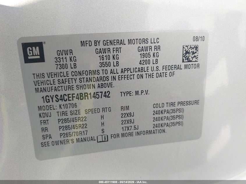 2011 Cadillac Escalade Premium VIN: 1GYS4CEF4BR145742 Lot: 45111908